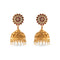gold platted jhumkas with green crystals and milk white motis