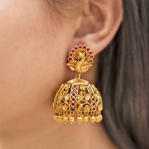 artificial jhumka earrings in peacock design with pink ruby  