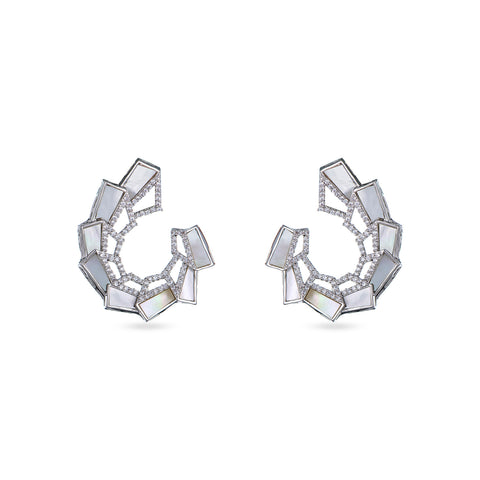 white stone earrings with silver mirror work