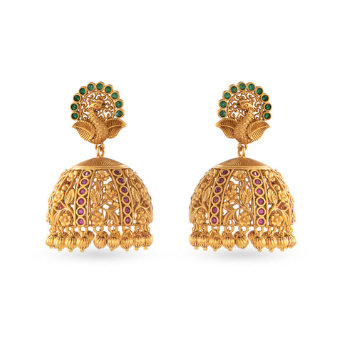 artificial jhumka earrings in peacock design with pink ruby  
