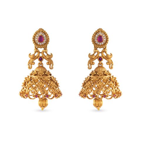 Aruni imitation gold platted Jhumka earrings with pink ruby stones