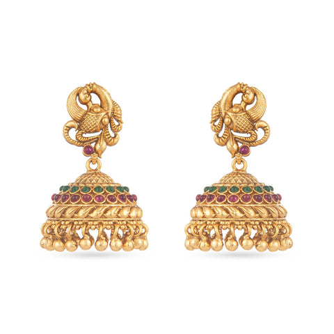 Pretty Jhumkas with pink & green stone from temple jewellery collection