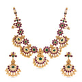 temple jewellery necklace set with green and pink ruby stones