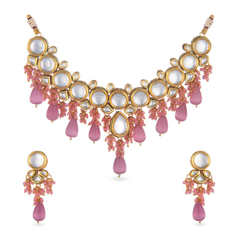 Gold plated pink necklace set with pearls and crystals